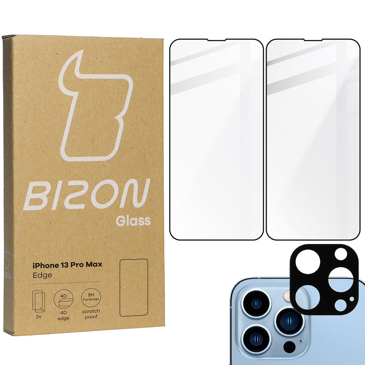 Szkło hartowane Bizon Glass Edge - 2 sztuki + ochrona obiektywu dla iPhone 13 Pro Max, czarne
